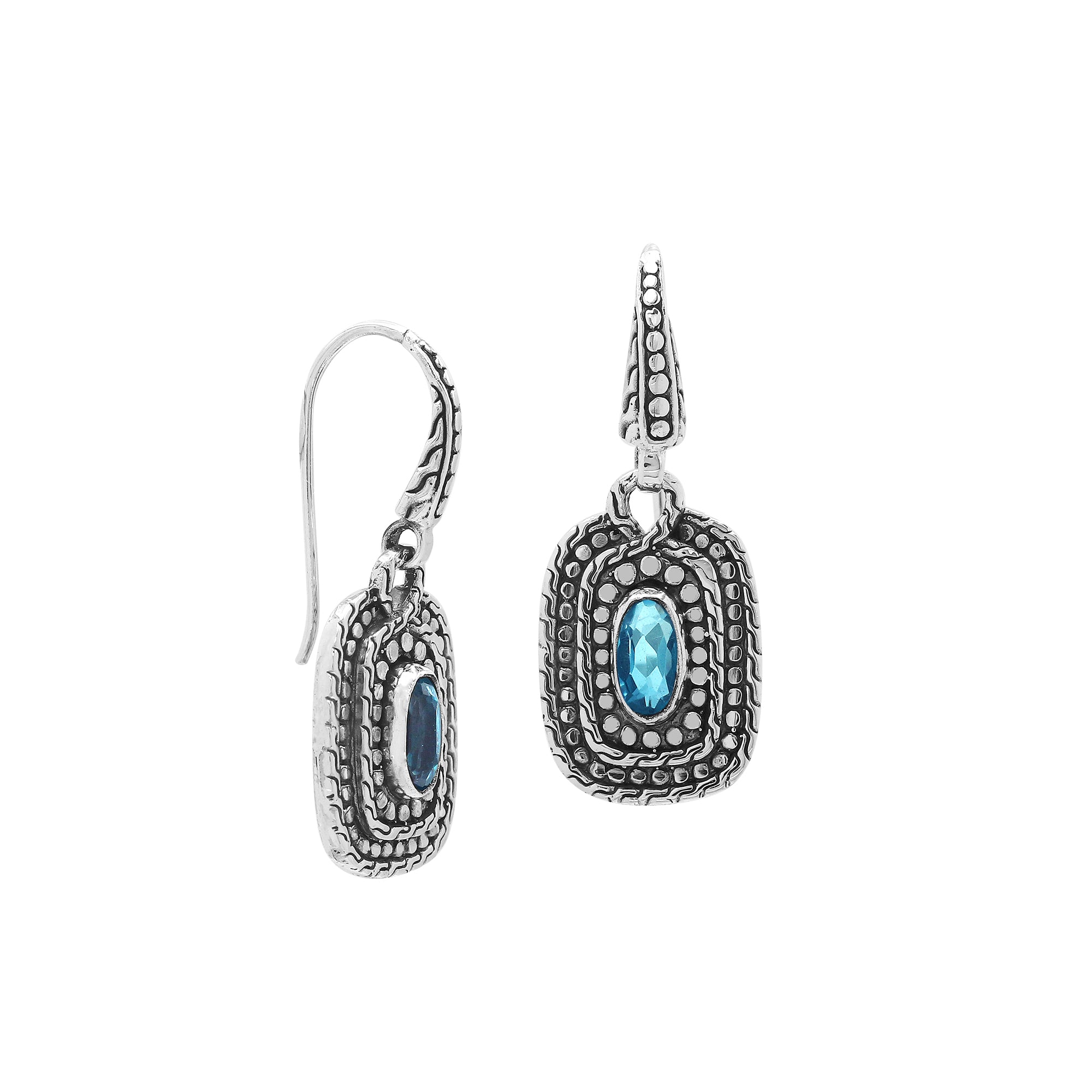 Sterling Silver Blue Topaz Quartz Granulated Oval Drop Earrings With Balinese Detailing