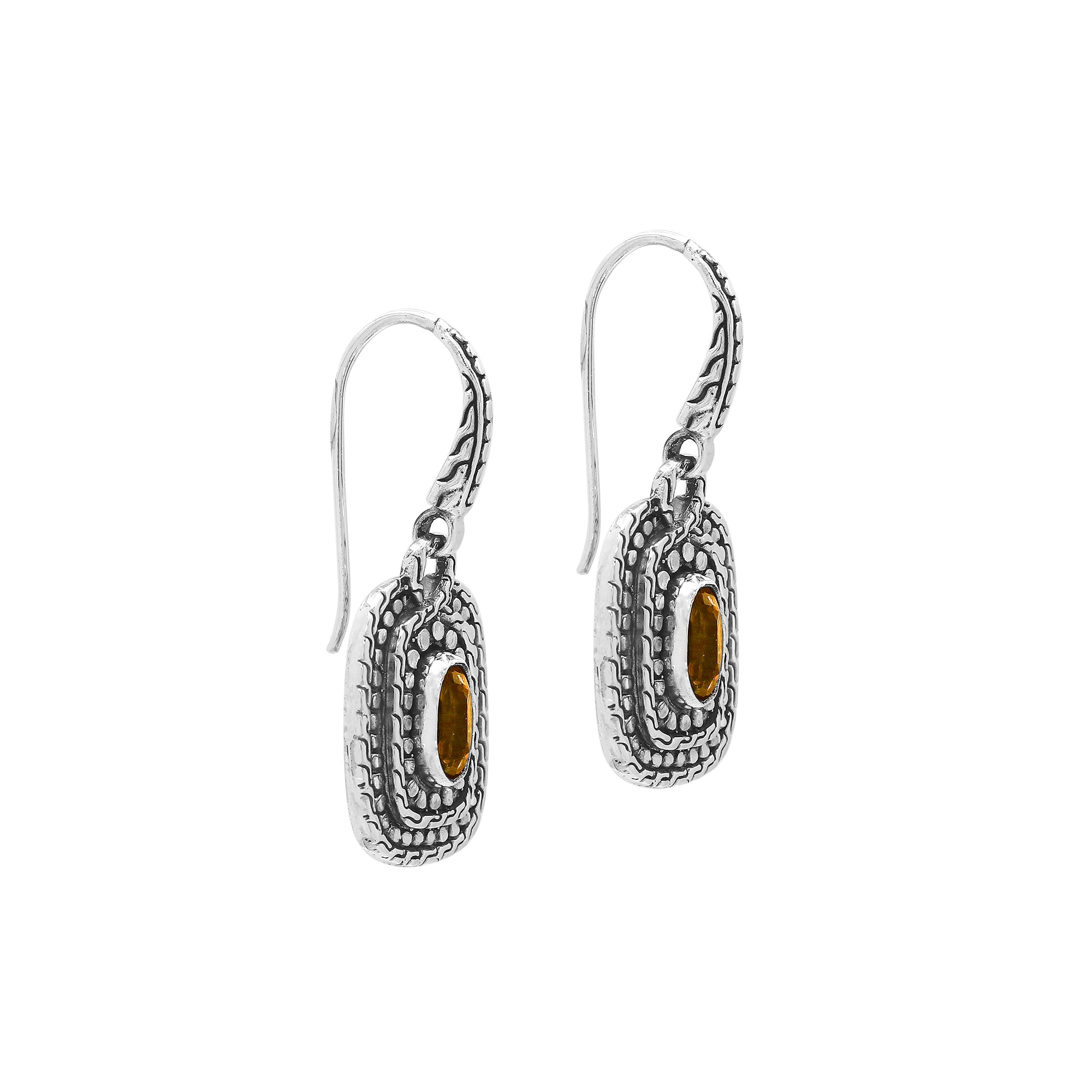 Sterling Silver Citrine Quartz Granulated Oval Drop Earrings With Balinese Detailing