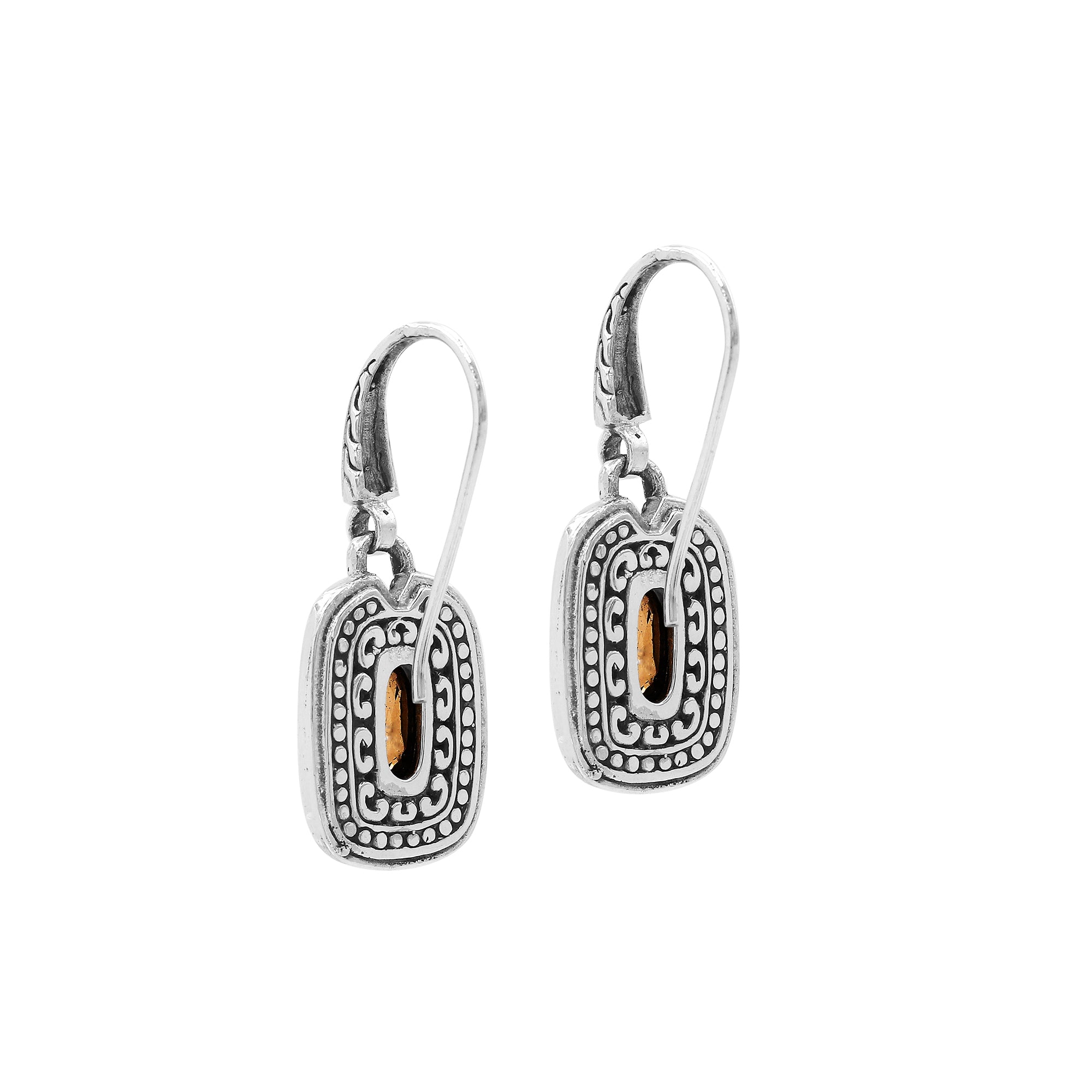 Sterling Silver Citrine Quartz Granulated Oval Drop Earrings With Balinese Detailing