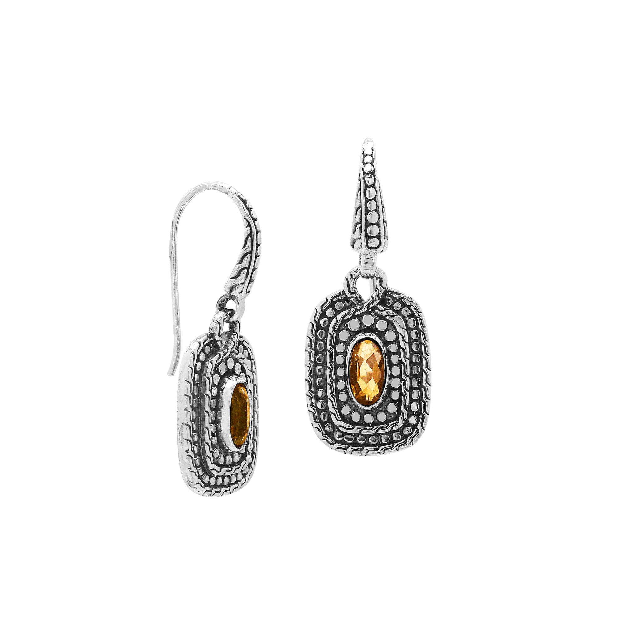 Sterling Silver Citrine Quartz Granulated Oval Drop Earrings With Balinese Detailing