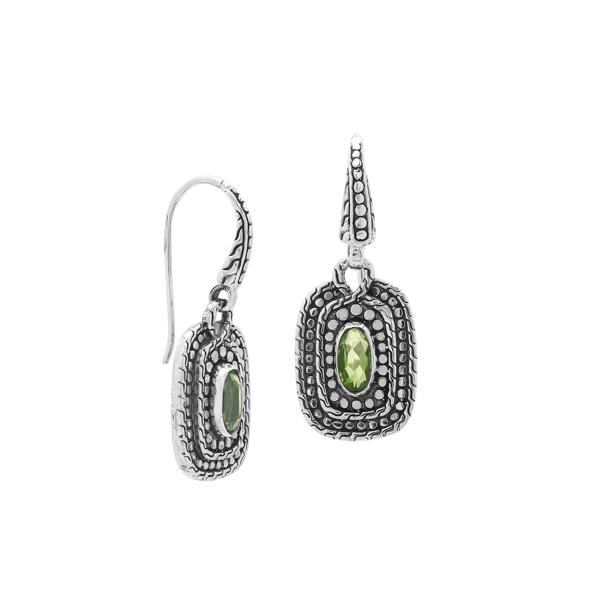 Sterling Silver Green Amethyst Quartz Granulated Oval Drop Earrings With Balinese Detailing