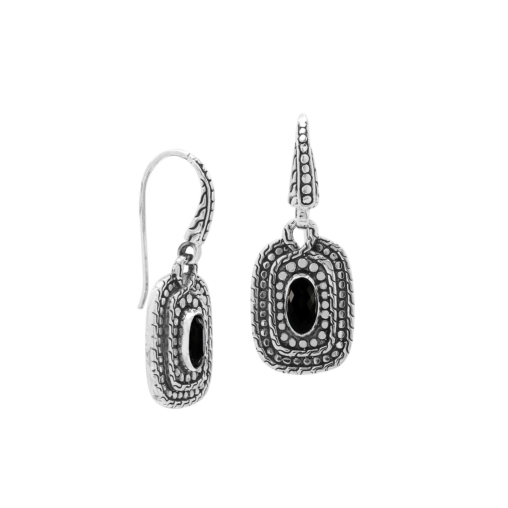 Sterling Silver Black Onyx Granulated Oval Drop Earrings With Balinese Detailing