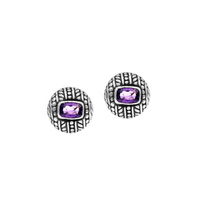 Sterling Silver Stud Earrings With Carved Dot-Stripe Details And Center Amethyst Quartz