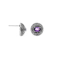 Sterling Silver Stud Earrings With Carved Dot-Stripe Details And Center Amethyst Quartz
