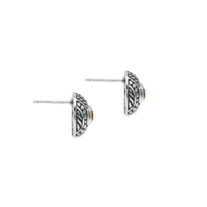 Sterling Silver Stud Earrings With Carved Dot-Stripe Details And Center Citrine Quartz