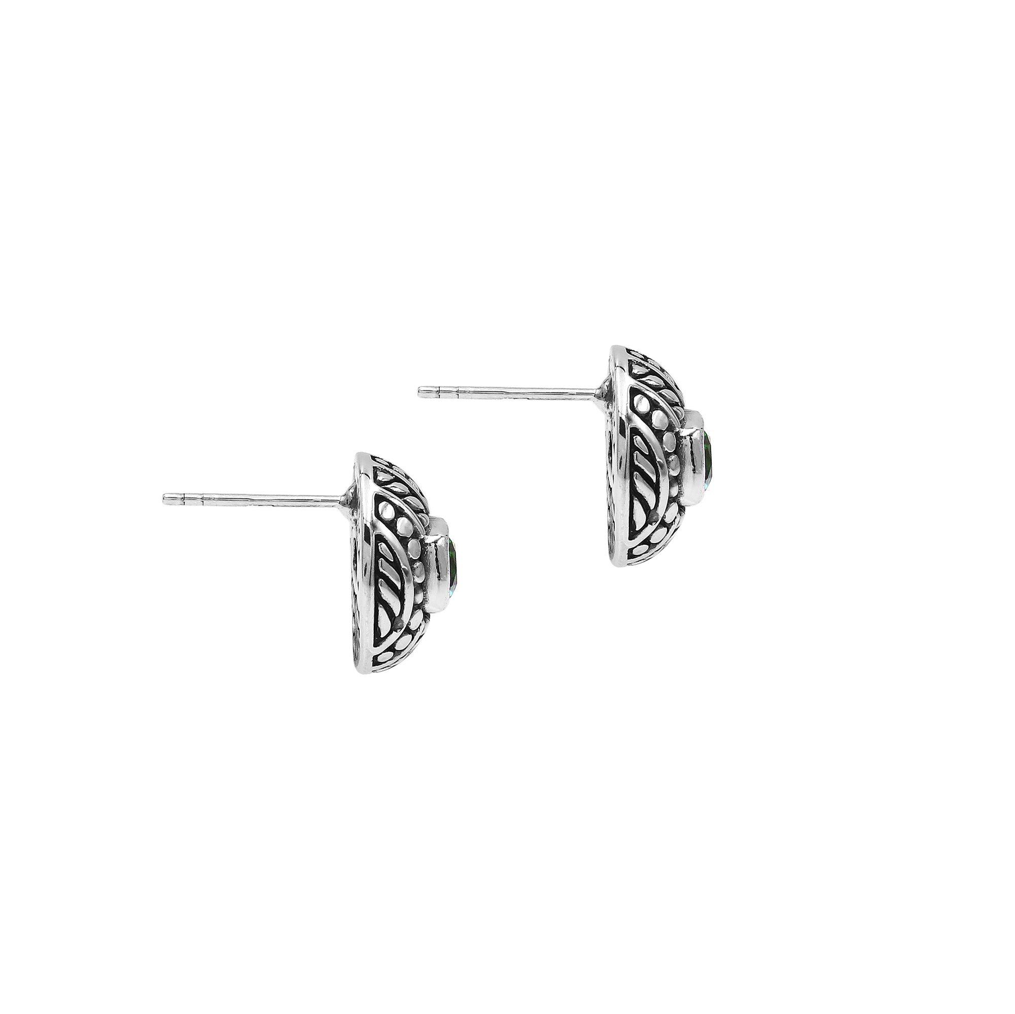 Sterling Silver Stud Earrings With Carved Dot-Stripe Details And Center Green Quartz