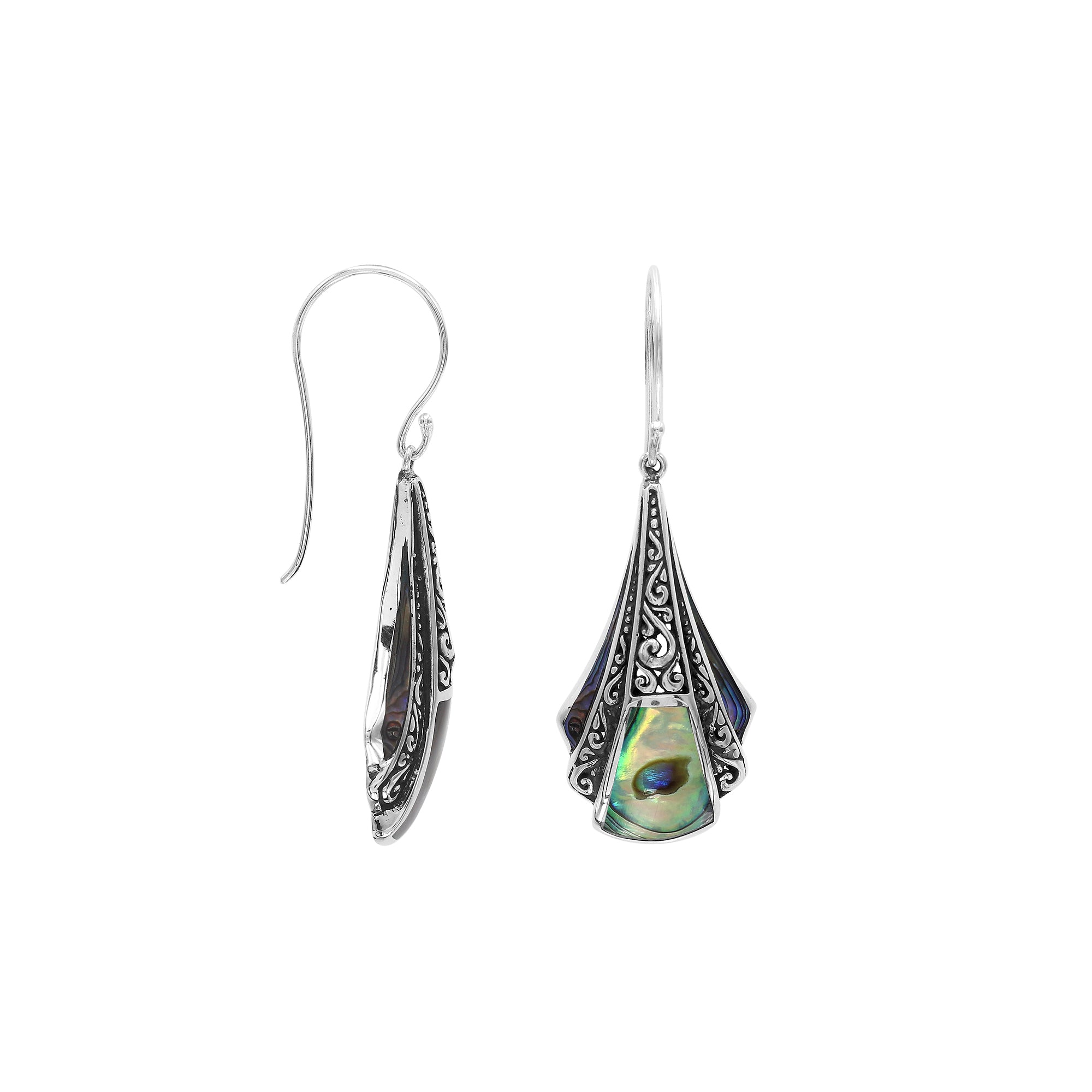 Sterling Silver Filigree Drop Earrings With Inlaid Abalone Shell Detailing