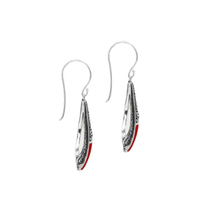 Sterling Silver Filigree Long Drop Earrings With Inlaid Red Coral