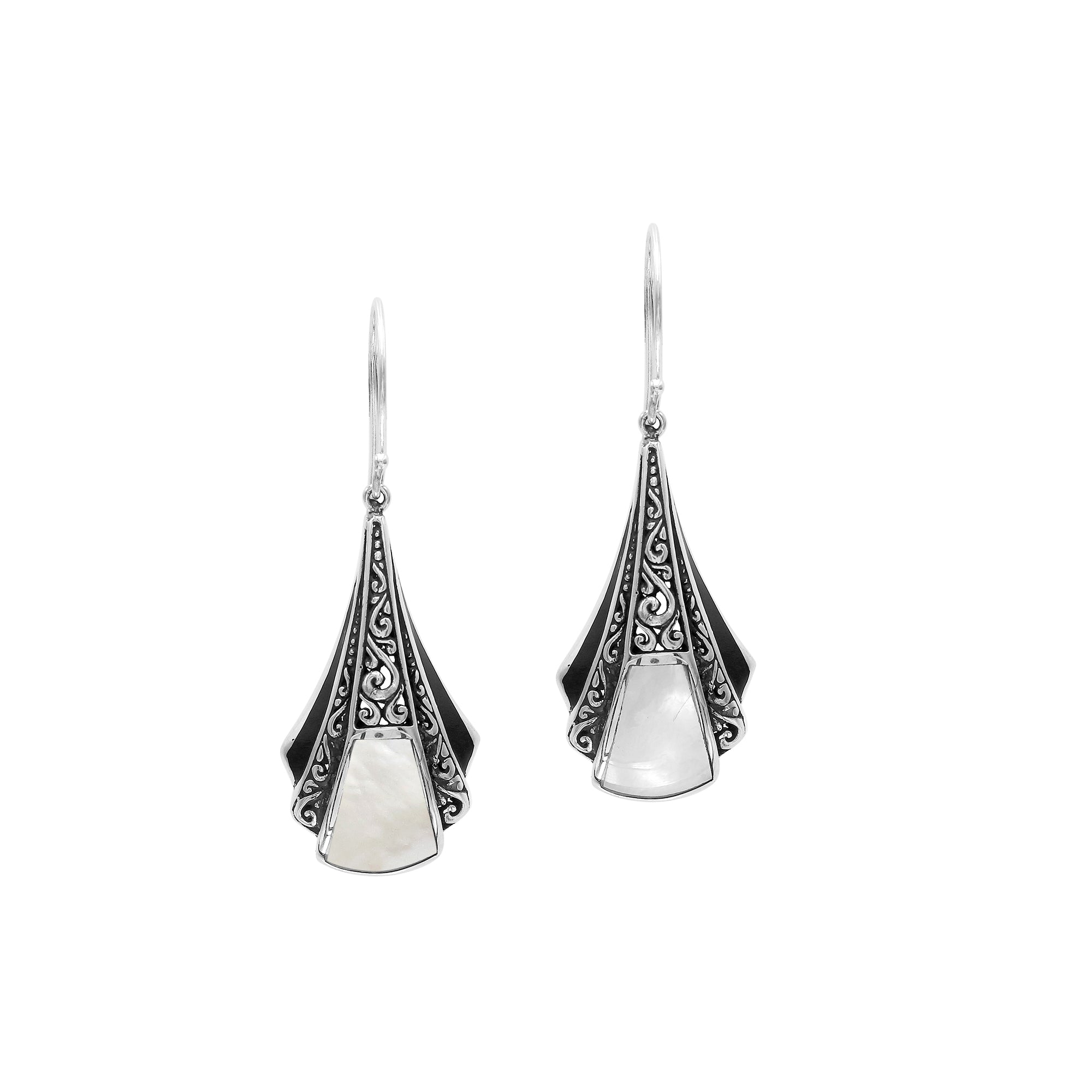 Sterling Silver Filigree Long Drop Earrings With Inlaid Mother Of Pearl