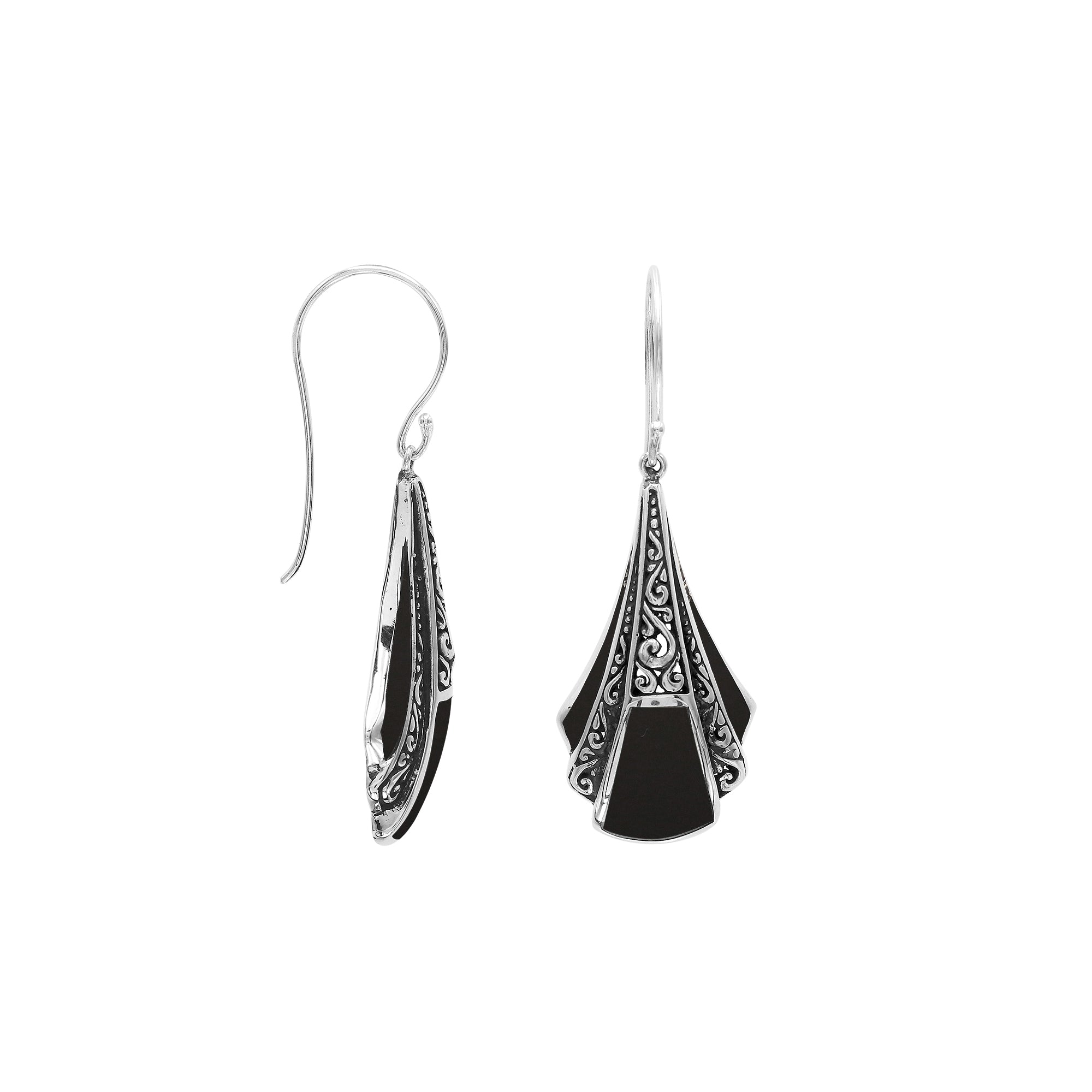 Sterling Silver Filigree Long Sculpted Drop Earrings Featuring Deep Black Onyx Inlay And Detailed Balinese Craftsmanship