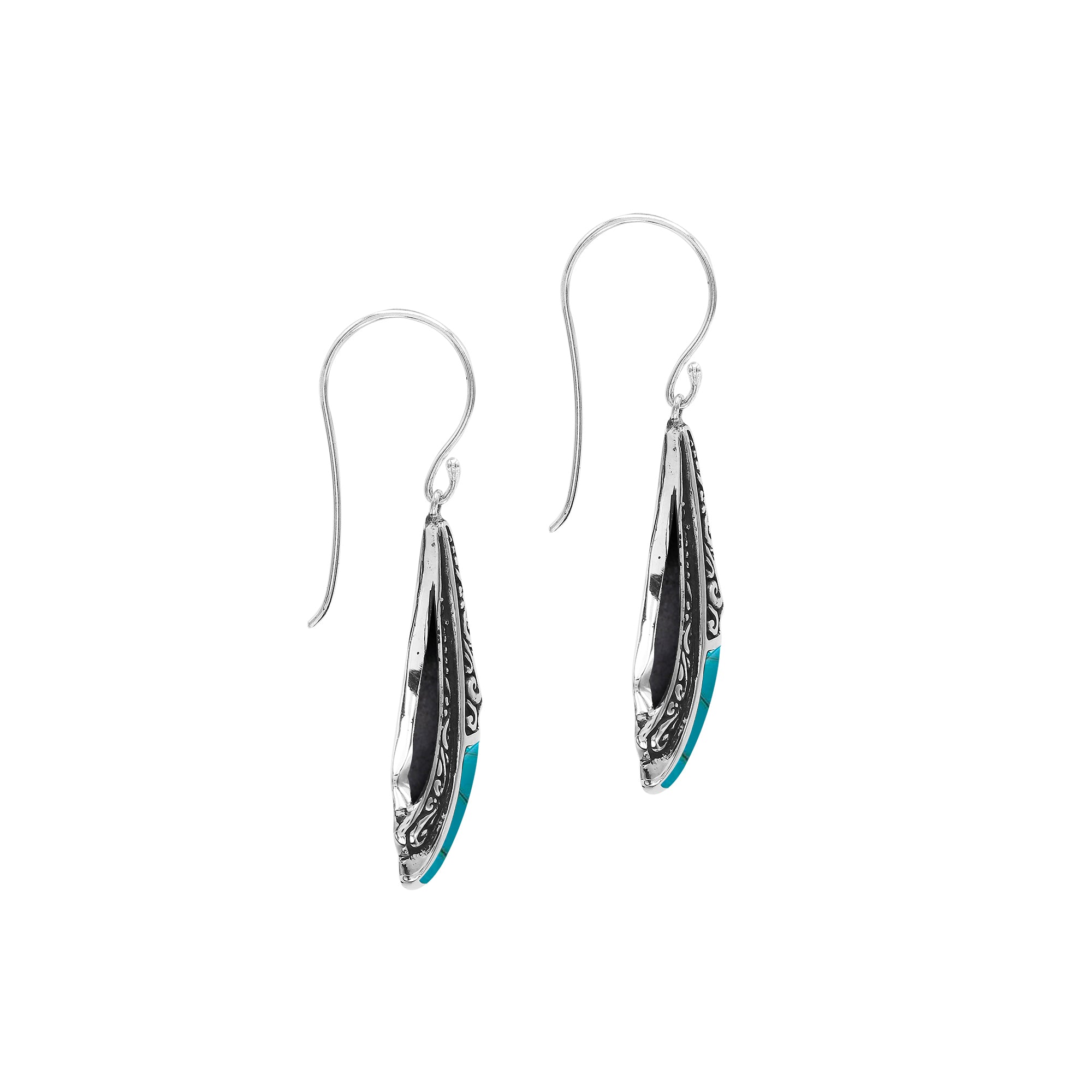 Sterling Silver Filigree Long Sculpted Drop Earrings Featuring Vibrant Turquoise Shell Inlay And Detailed Balinese Craftsmanship