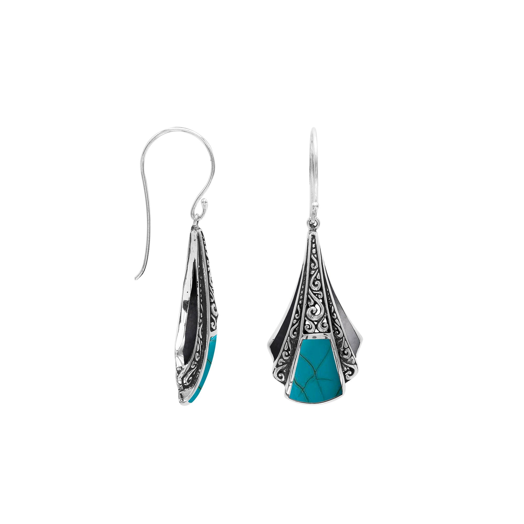 Sterling Silver Filigree Long Sculpted Drop Earrings Featuring Vibrant Turquoise Shell Inlay And Detailed Balinese Craftsmanship
