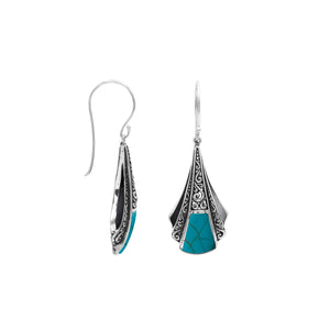 Sterling Silver Filigree Long Sculpted Drop Earrings Featuring Vibrant Turquoise Shell Inlay And Detailed Balinese Craftsmanship