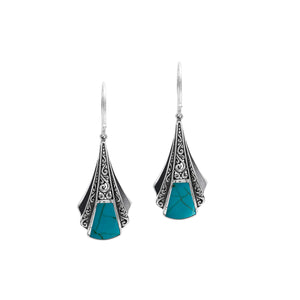 Sterling Silver Filigree Long Sculpted Drop Earrings Featuring Vibrant Turquoise Shell Inlay And Detailed Balinese Craftsmanship