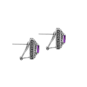 Sterling Silver Ornate Rectangular Carved Stud Earrings Featuring Vibrant Amethyst Quartz And Detailed Balinese Craftsmanship