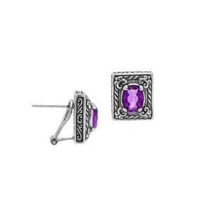 Sterling Silver Ornate Rectangular Carved Stud Earrings Featuring Vibrant Amethyst Quartz And Detailed Balinese Craftsmanship