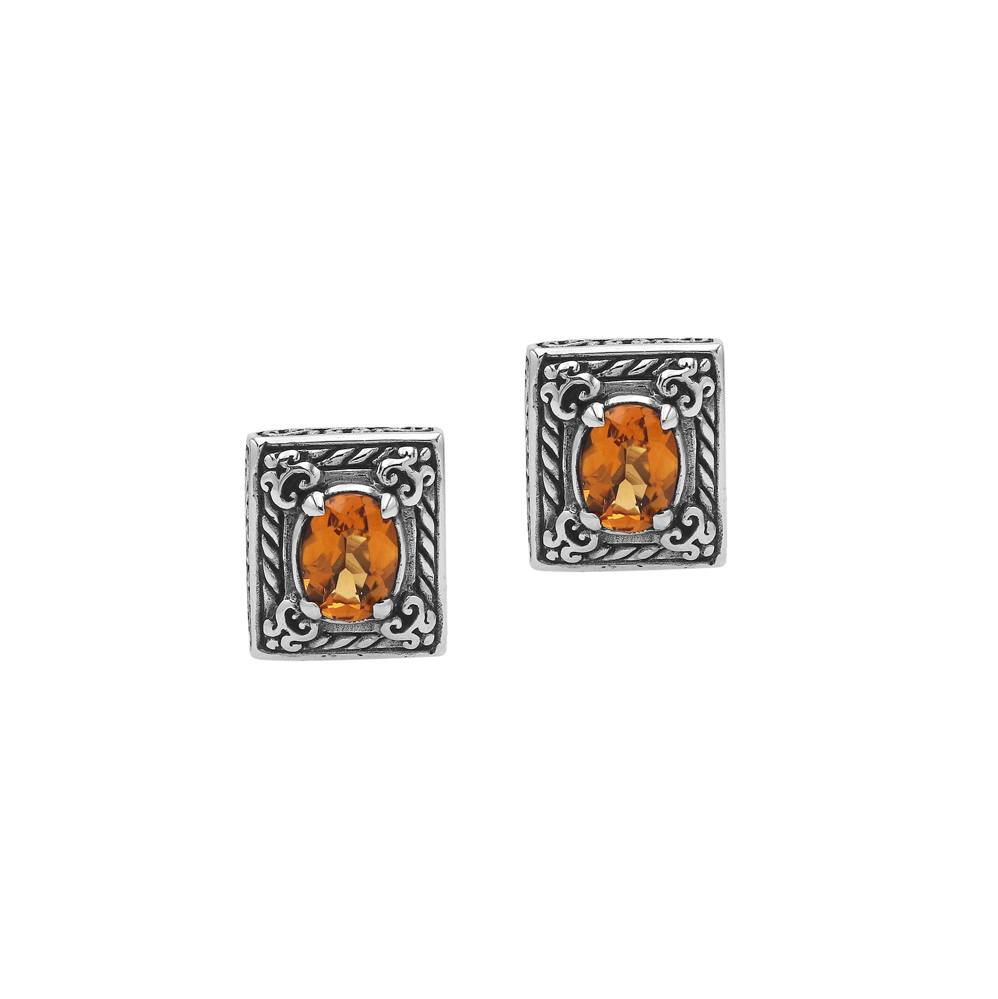 Sterling Silver Ornate Rectangular Carved Stud Earrings Featuring Warm Citrine Quartz And Detailed Balinese Craftsmanship