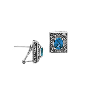 Sterling Silver Ornate Rectangular Carved Stud Earrings Featuring Vivid London Blue Topaz Quartz And Detailed Balinese Craftsmanship