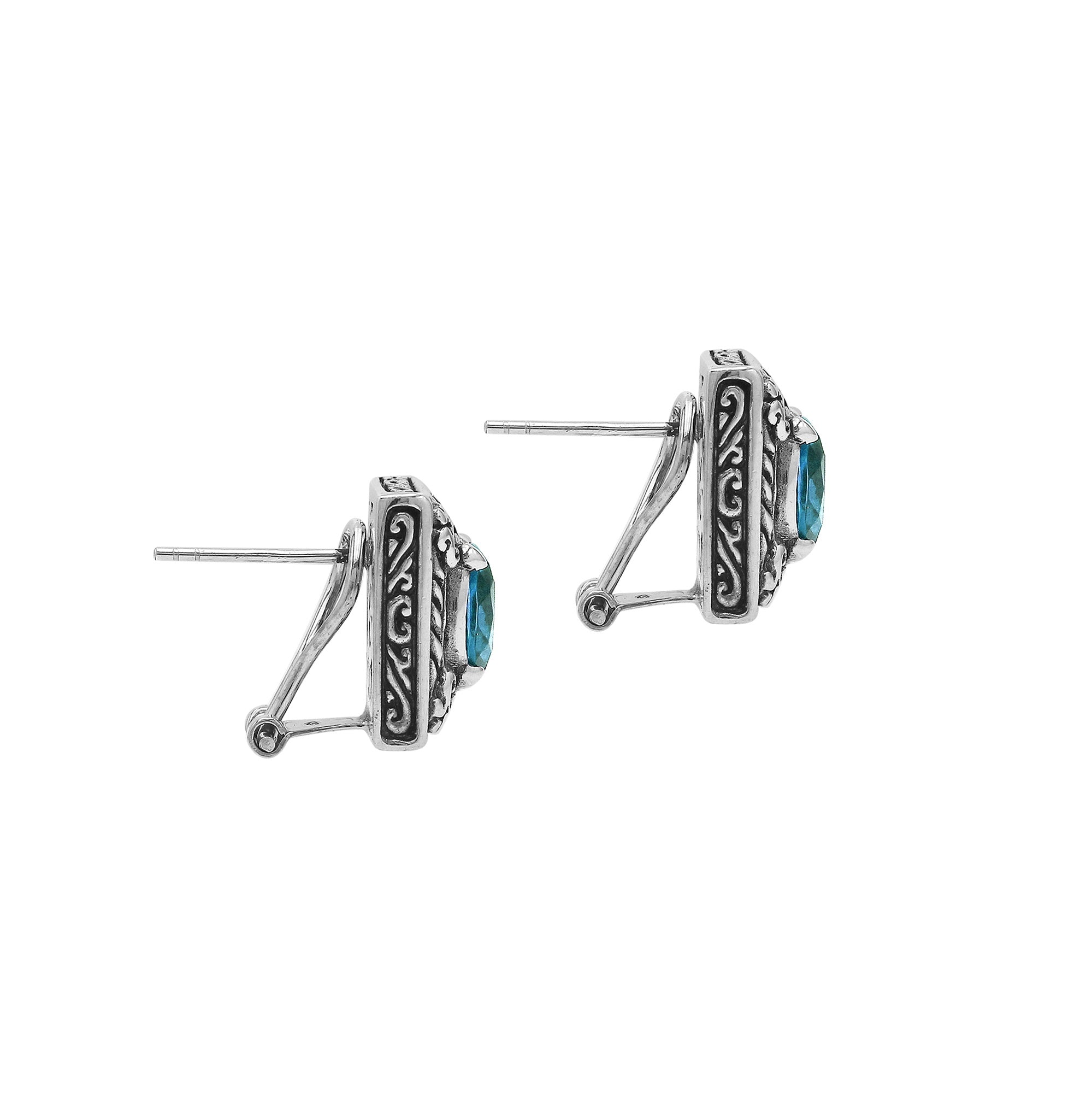 Sterling Silver Ornate Rectangular Carved Stud Earrings Featuring Vivid London Blue Topaz Quartz And Detailed Balinese Craftsmanship
