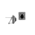 Sterling Silver Ornate Rectangular Carved Stud Earrings Featuring Deep Black Onyx And Detailed Balinese Craftsmanship