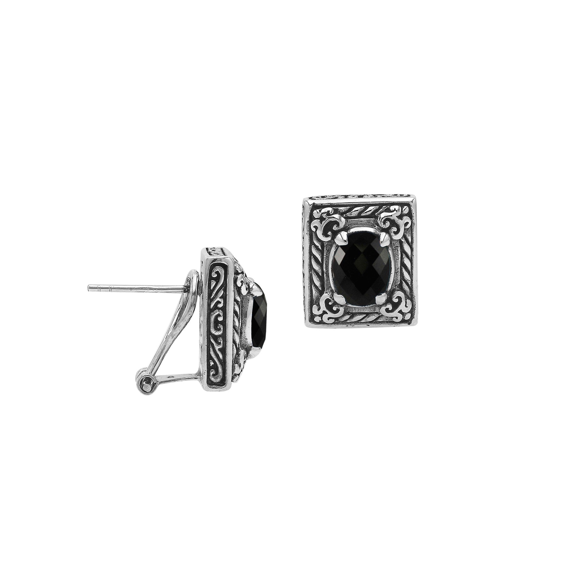 Sterling Silver Ornate Rectangular Carved Stud Earrings Featuring Deep Black Onyx And Detailed Balinese Craftsmanship