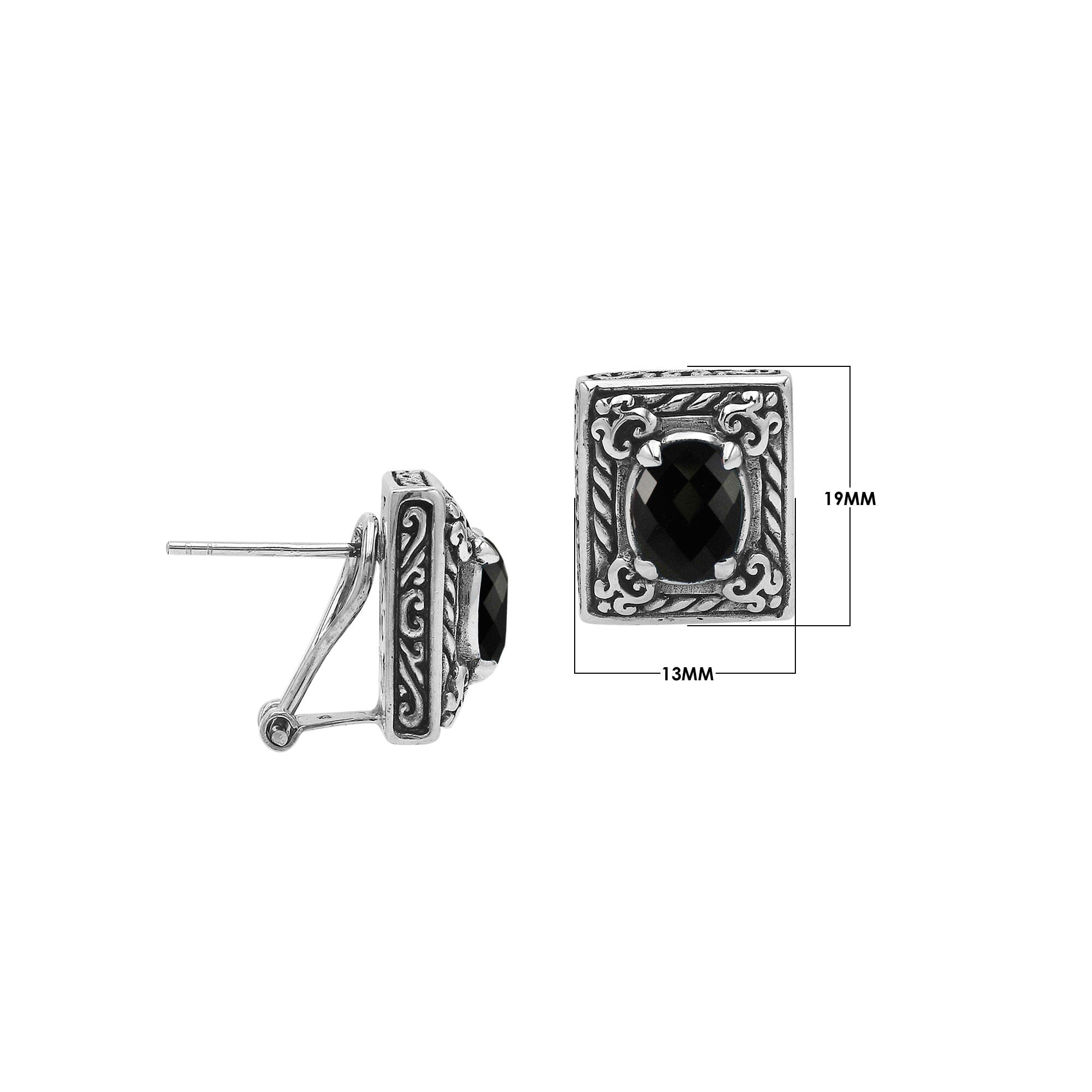 Sterling Silver Ornate Rectangular Carved Stud Earrings Featuring Deep Black Onyx And Detailed Balinese Craftsmanship