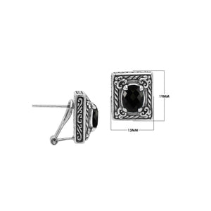 Sterling Silver Ornate Rectangular Carved Stud Earrings Featuring Deep Black Onyx And Detailed Balinese Craftsmanship