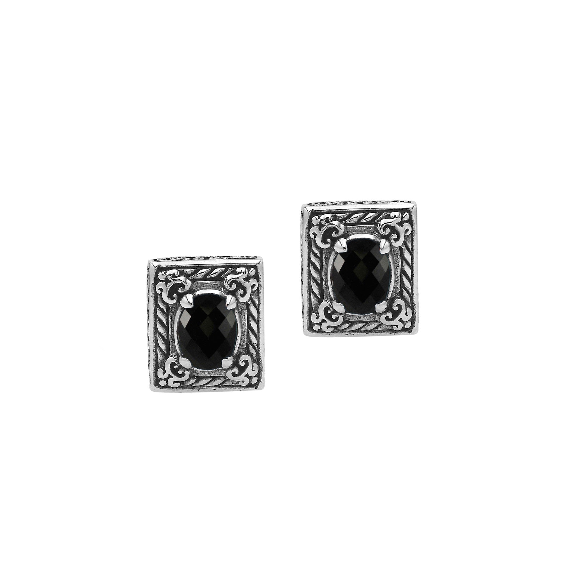 Sterling Silver Ornate Rectangular Carved Stud Earrings Featuring Deep Black Onyx And Detailed Balinese Craftsmanship