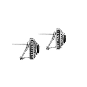 Sterling Silver Ornate Rectangular Carved Stud Earrings Featuring Deep Black Onyx And Detailed Balinese Craftsmanship