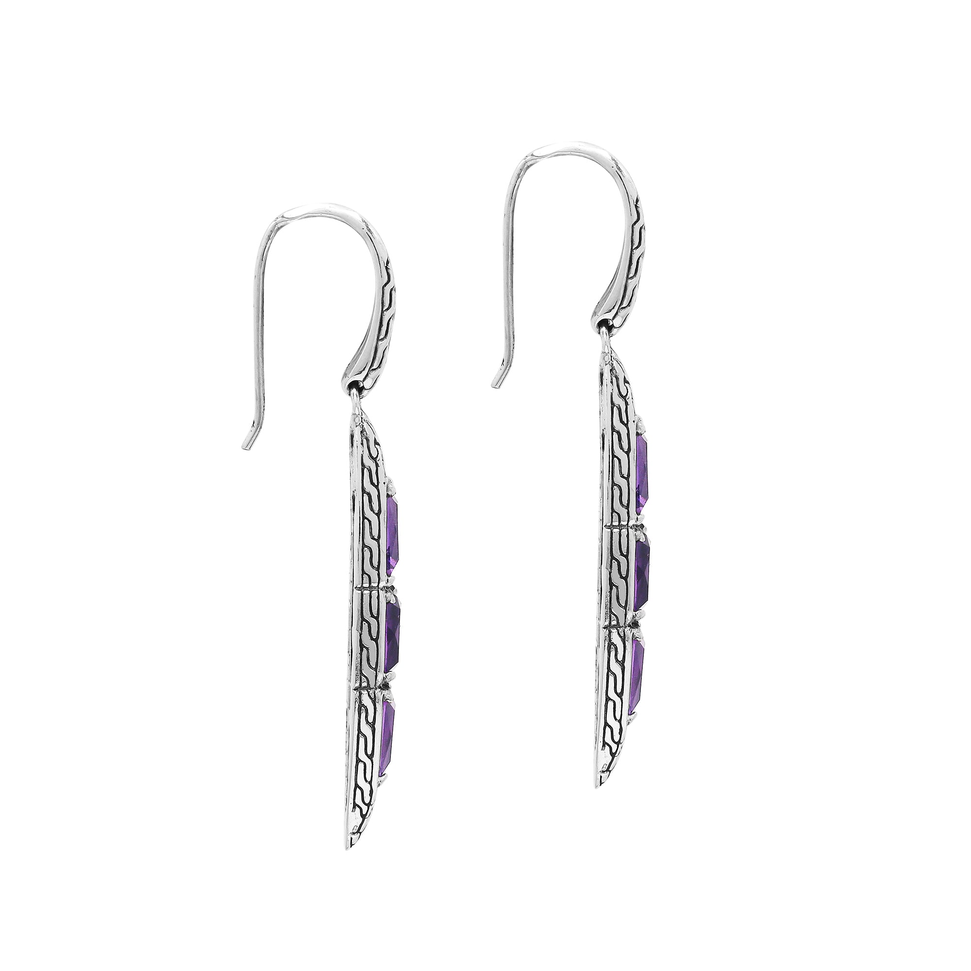 Sterling Silver Long Drop Earrings Featuring Triple Amethyst Quartz Stones With Balinese Chain Carved Detailing