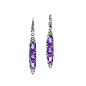 Sterling Silver Long Drop Earrings Featuring Triple Amethyst Quartz Stones With Balinese Chain Carved Detailing