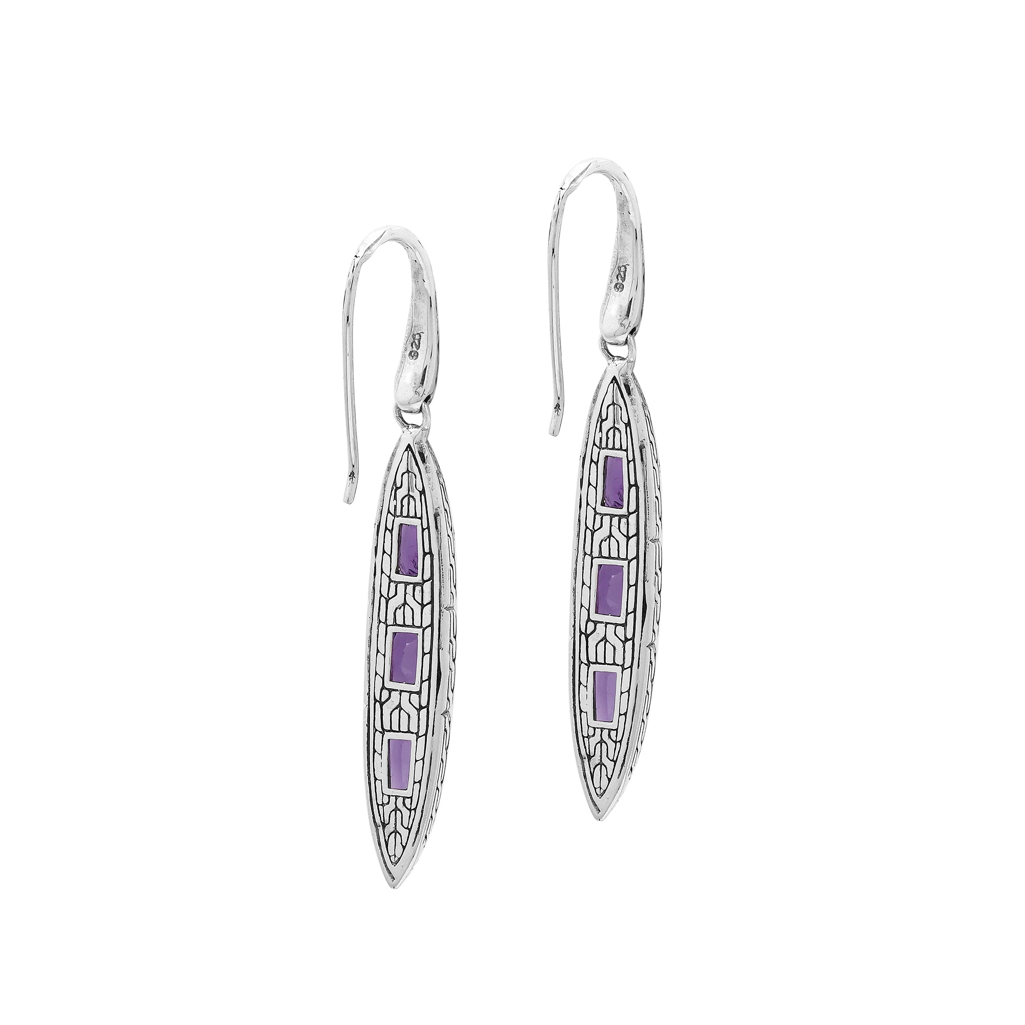 Sterling Silver Long Drop Earrings Featuring Triple Amethyst Quartz Stones With Balinese Chain Carved Detailing