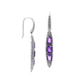 Sterling Silver Long Drop Earrings Featuring Triple Amethyst Quartz Stones With Balinese Chain Carved Detailing
