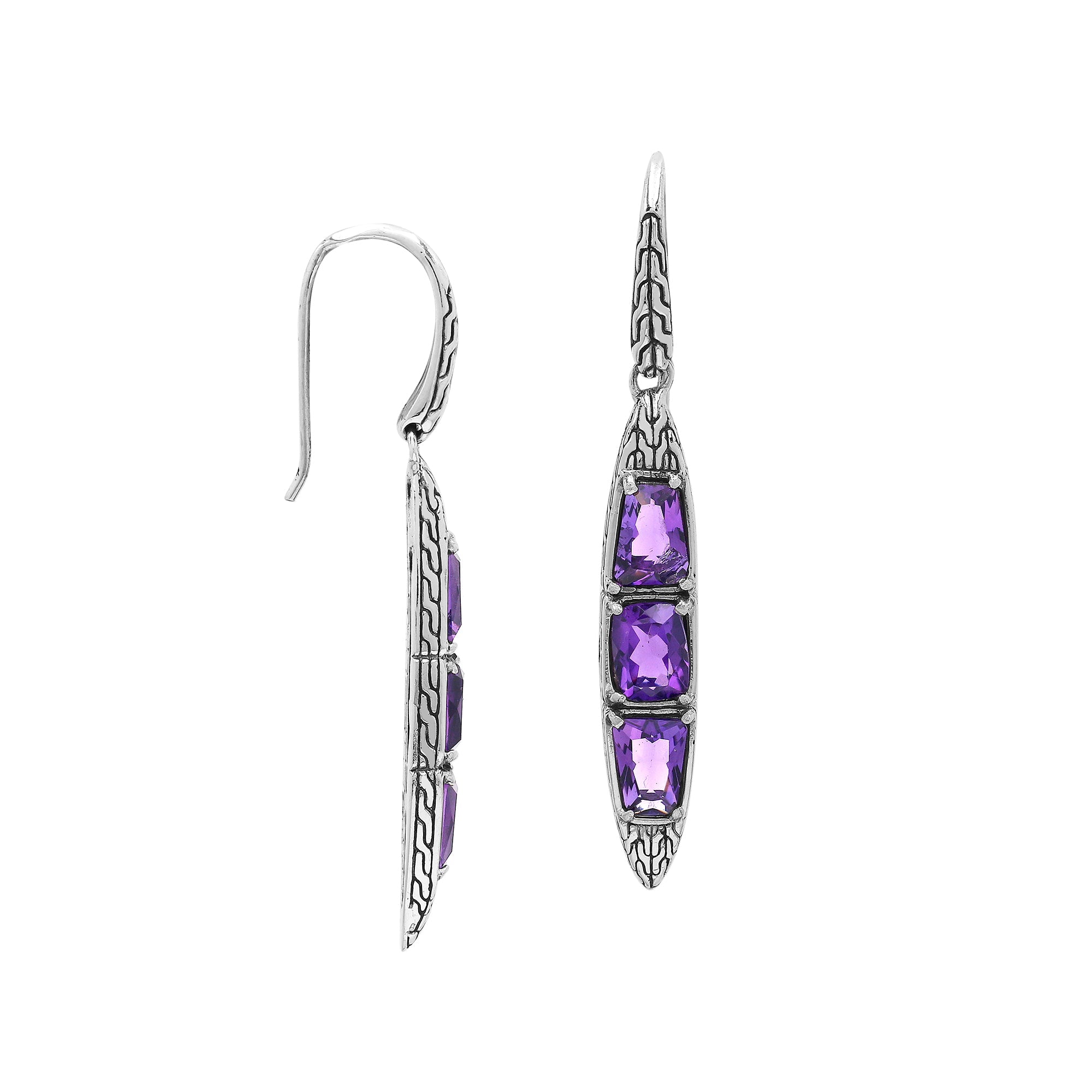 Sterling Silver Long Drop Earrings Featuring Triple Amethyst Quartz Stones With Balinese Chain Carved Detailing