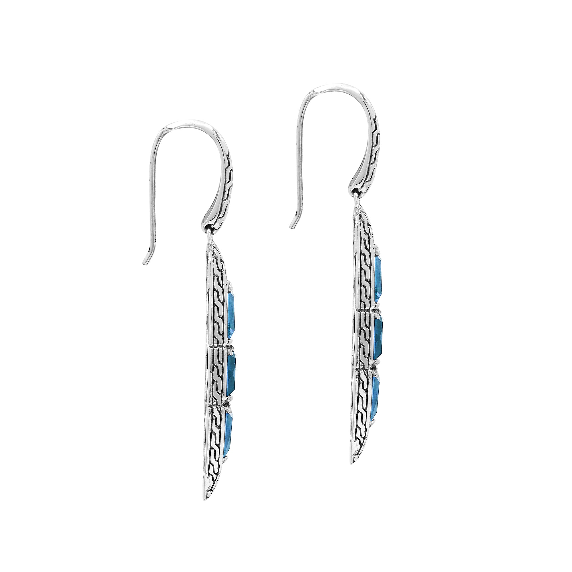 Sterling Silver Long Drop Earrings Featuring Triple Blue Topaz Quartz Stones With Balinese Chain Carved Detailing