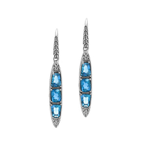 Sterling Silver Long Drop Earrings Featuring Triple Blue Topaz Quartz Stones With Balinese Chain Carved Detailing