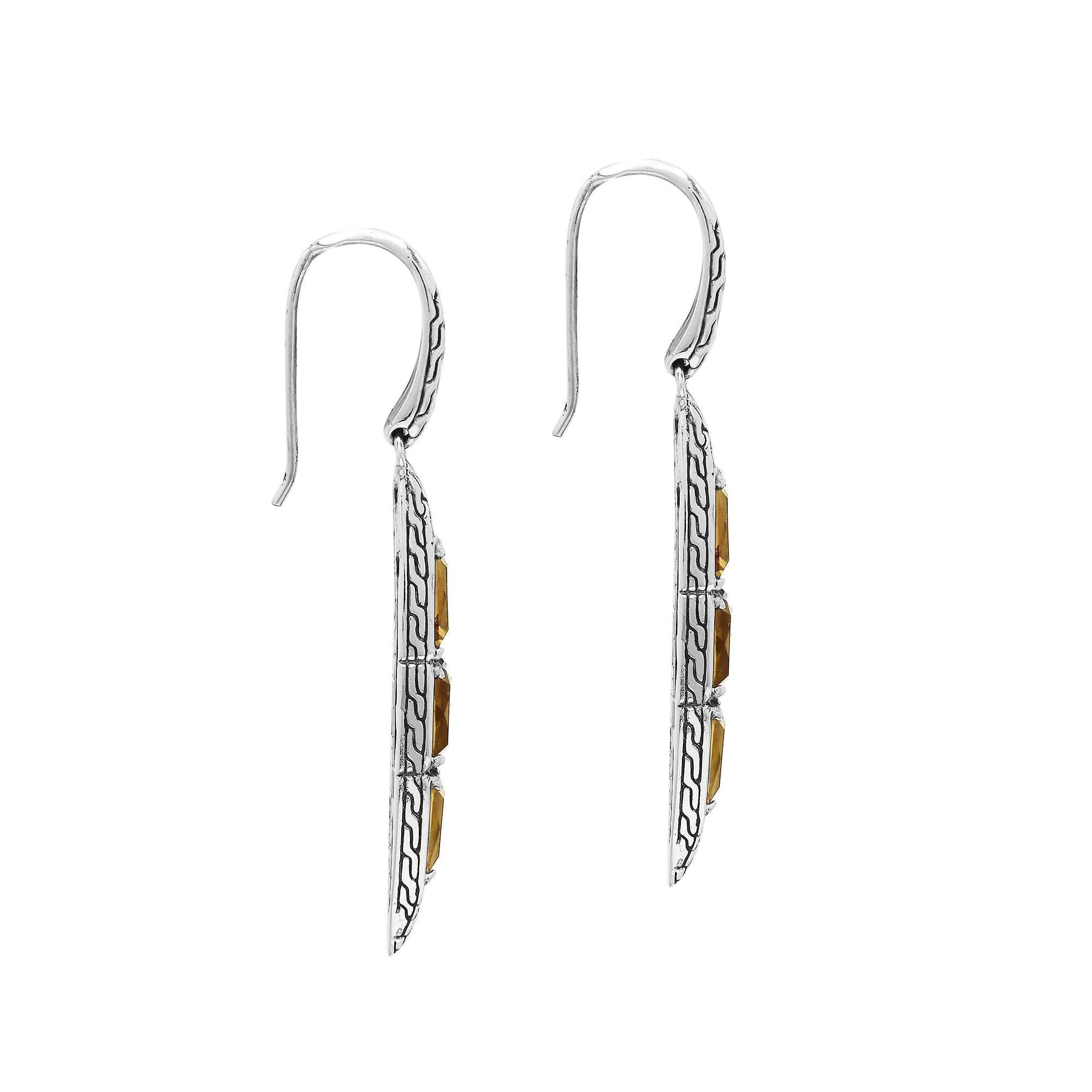 Sterling Silver Long Drop Earrings Featuring Triple Citrine Quartz Stones With Balinese Chain Carved Detailing