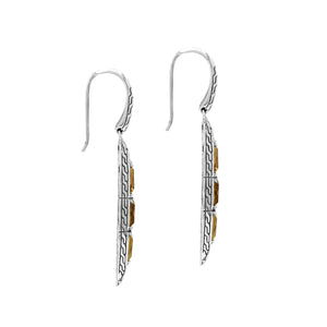 Sterling Silver Long Drop Earrings Featuring Triple Citrine Quartz Stones With Balinese Chain Carved Detailing