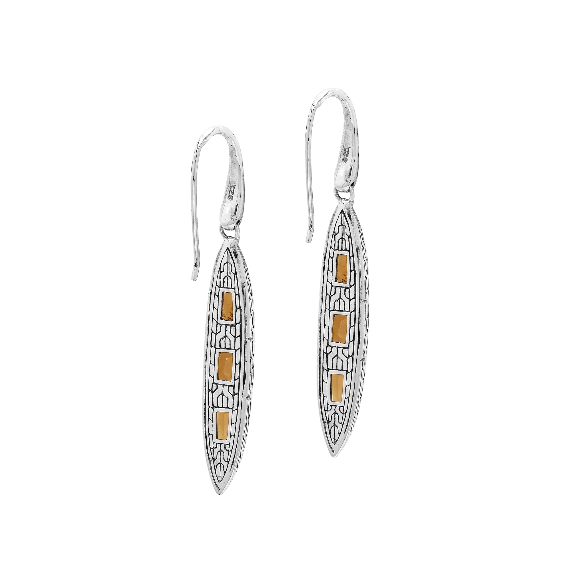 Sterling Silver Long Drop Earrings Featuring Triple Citrine Quartz Stones With Balinese Chain Carved Detailing