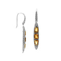 Sterling Silver Long Drop Earrings Featuring Triple Citrine Quartz Stones With Balinese Chain Carved Detailing