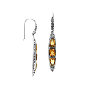 Sterling Silver Long Drop Earrings Featuring Triple Citrine Quartz Stones With Balinese Chain Carved Detailing