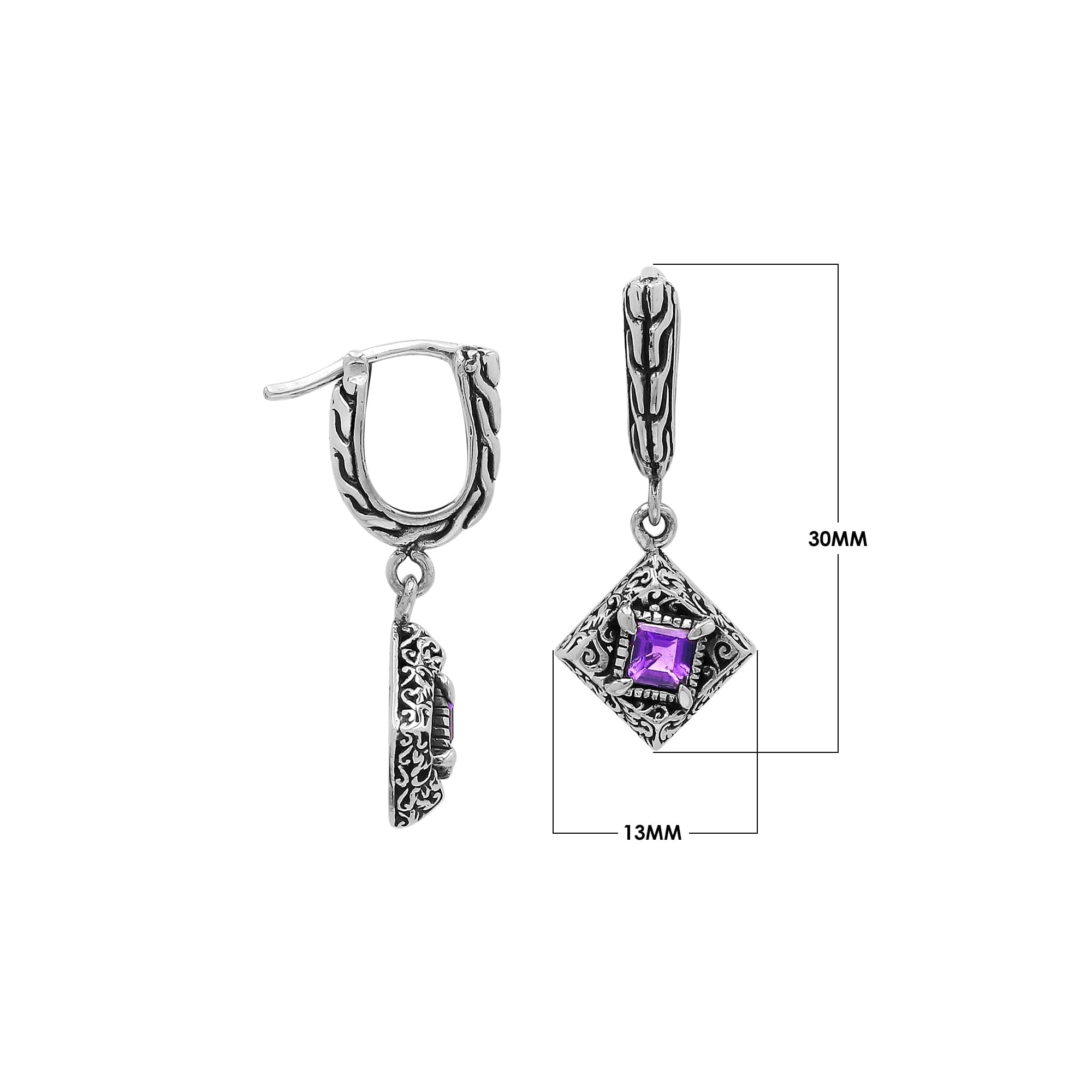 Sterling Silver Carved Diamond Drop Leverback Earrings Featuring Square-Cut Amethyst Quartz And Detailed Balinese Craftsmanship