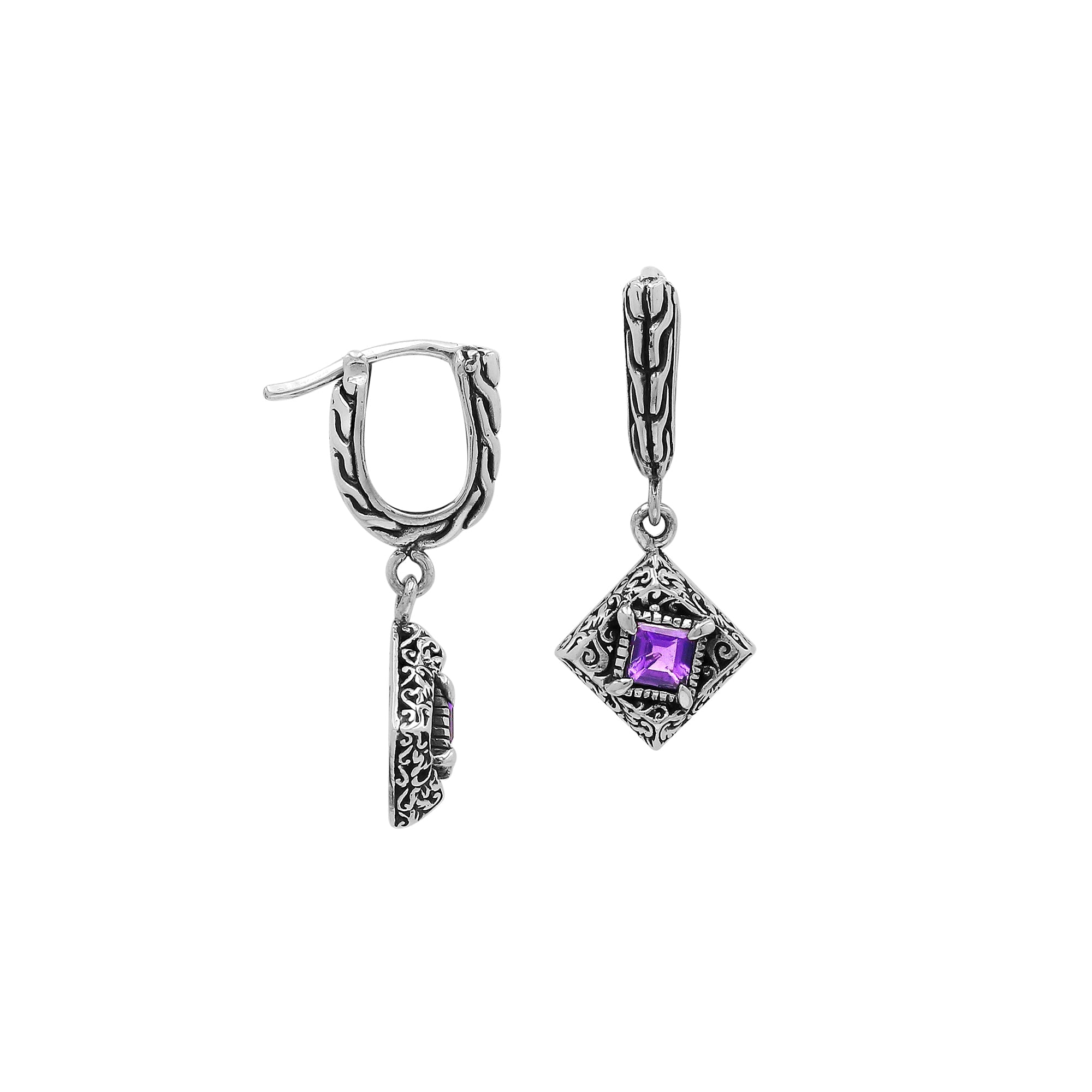 Sterling Silver Carved Diamond Drop Leverback Earrings Featuring Square-Cut Amethyst Quartz And Detailed Balinese Craftsmanship