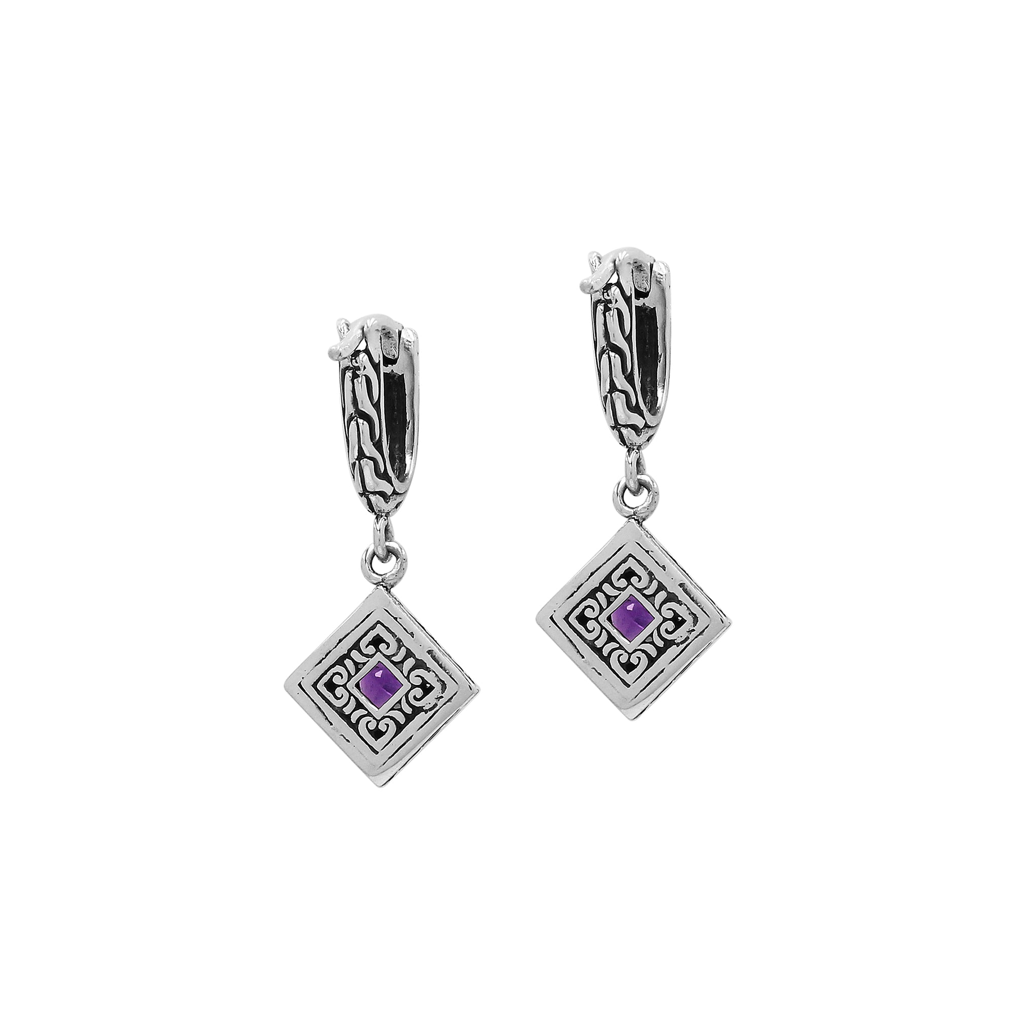Sterling Silver Carved Diamond Drop Leverback Earrings Featuring Square-Cut Amethyst Quartz And Detailed Balinese Craftsmanship
