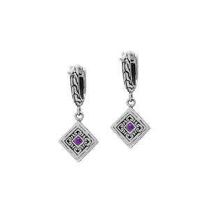 Sterling Silver Carved Diamond Drop Leverback Earrings Featuring Square-Cut Amethyst Quartz And Detailed Balinese Craftsmanship