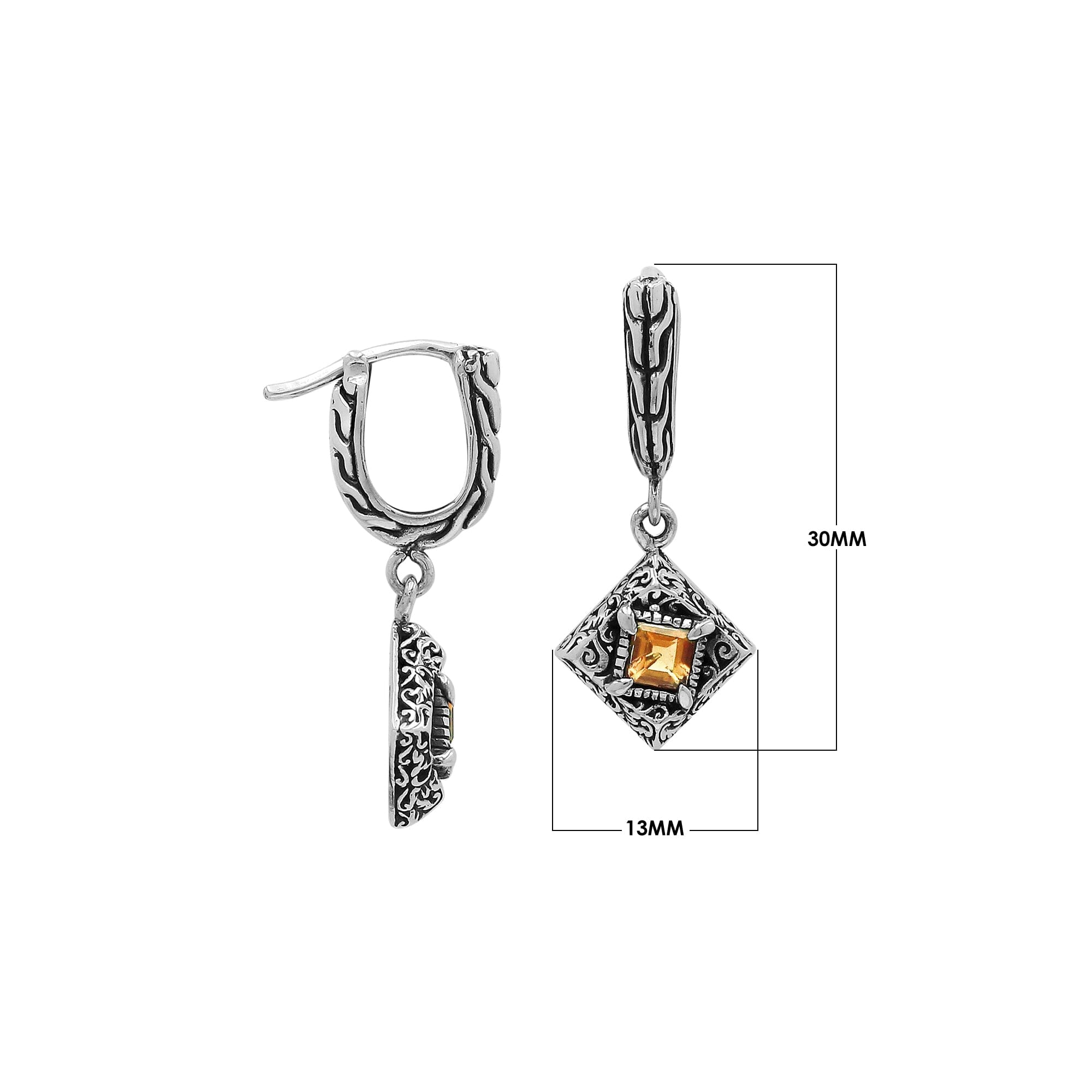 Sterling Silver Carved Diamond Drop Leverback Earrings Featuring Square-Cut Citrine Quartz And Detailed Balinese Craftsmanship