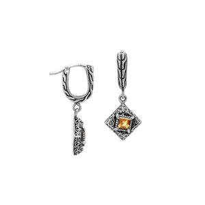 Sterling Silver Carved Diamond Drop Leverback Earrings Featuring Square-Cut Citrine Quartz And Detailed Balinese Craftsmanship