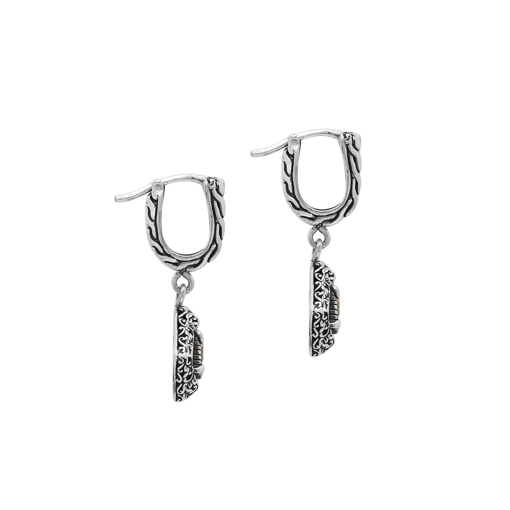 Sterling Silver Carved Diamond Drop Leverback Earrings Featuring Square-Cut Citrine Quartz And Detailed Balinese Craftsmanship