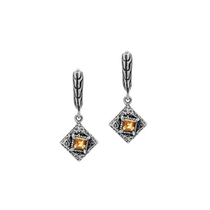 Sterling Silver Carved Diamond Drop Leverback Earrings Featuring Square-Cut Citrine Quartz And Detailed Balinese Craftsmanship