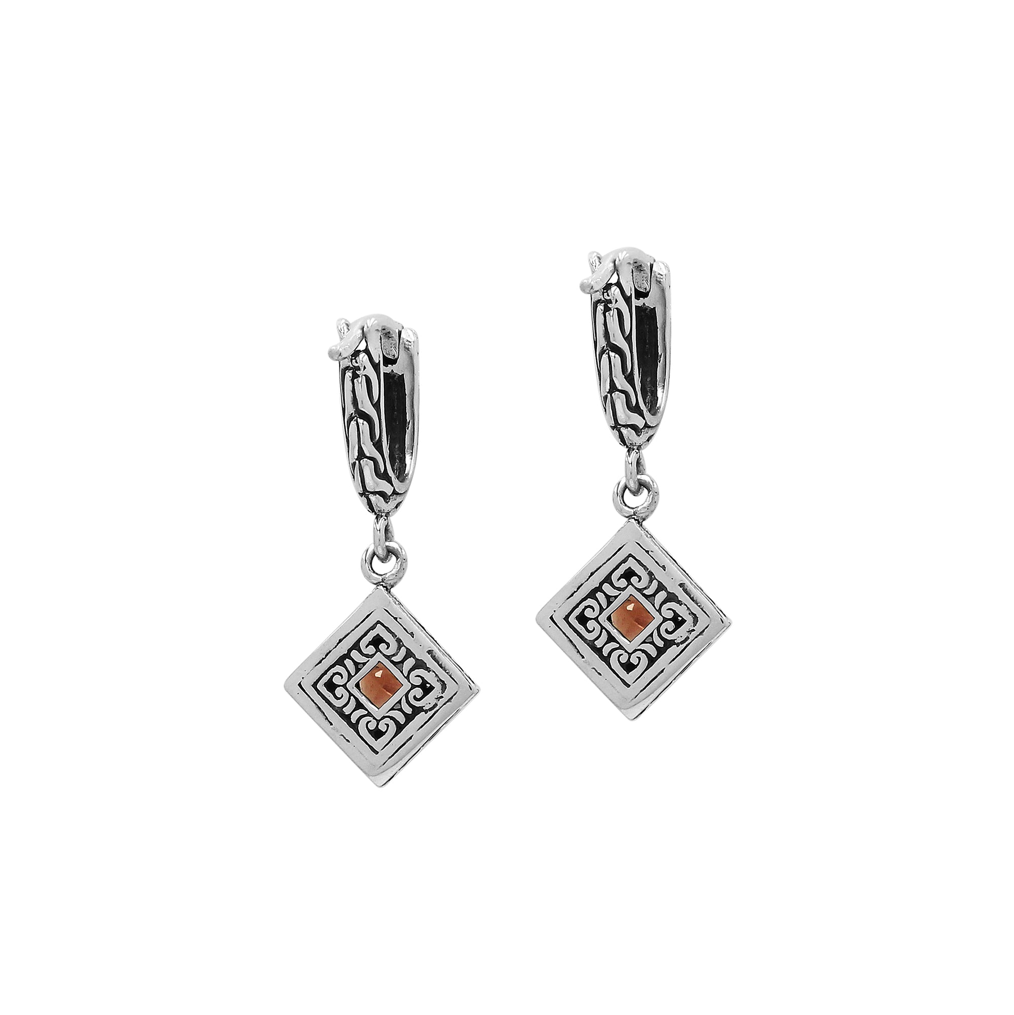 Sterling Silver Carved Diamond Drop Leverback Earrings Featuring Square-Cut Citrine Quartz And Detailed Balinese Craftsmanship